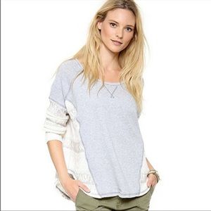 Free People Gray mixed media top with crochet knit inserts